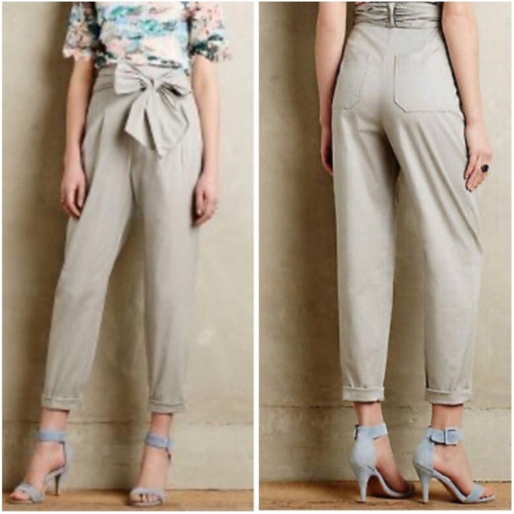 Anthropologie Gray Cropped Ankle Pants with Tie-Waist